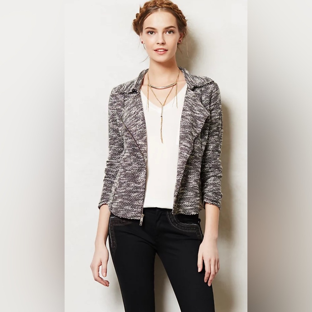 SATURDAY SUNDAY Anthro Asymmetric Moto Jacket Terry Knit Marled Black/White M